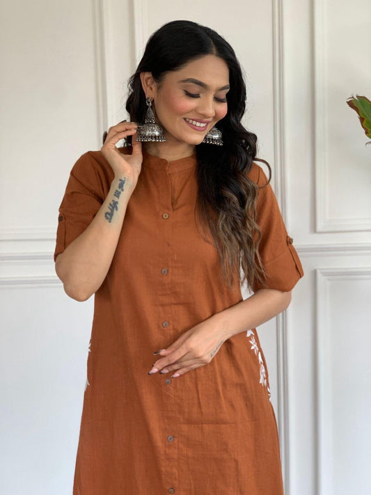 Rust Brown Embroidered A-Line Kurta Pant Set for Women