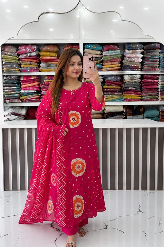 Rani Pink Bandhani Printed Anarkali Kurta Pant Set with Dupatta for Women