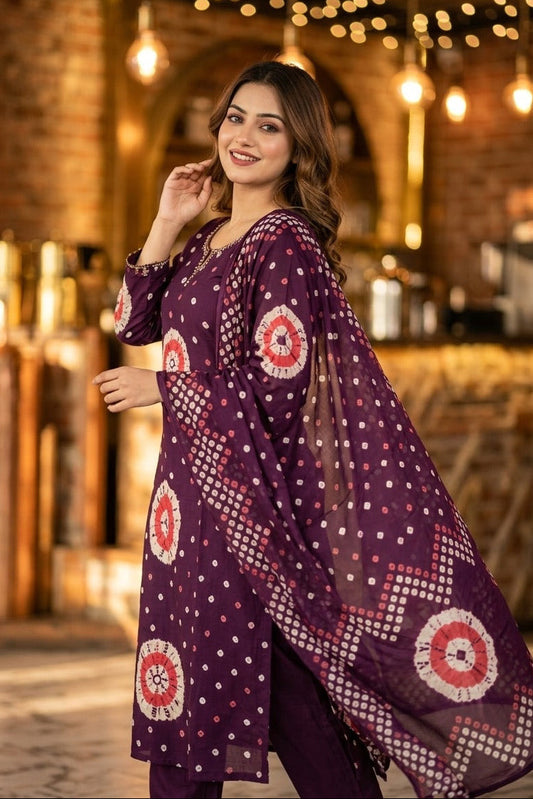 Wine Purple Bandhani Print Kurta Pant Set with Dupatta for Women
