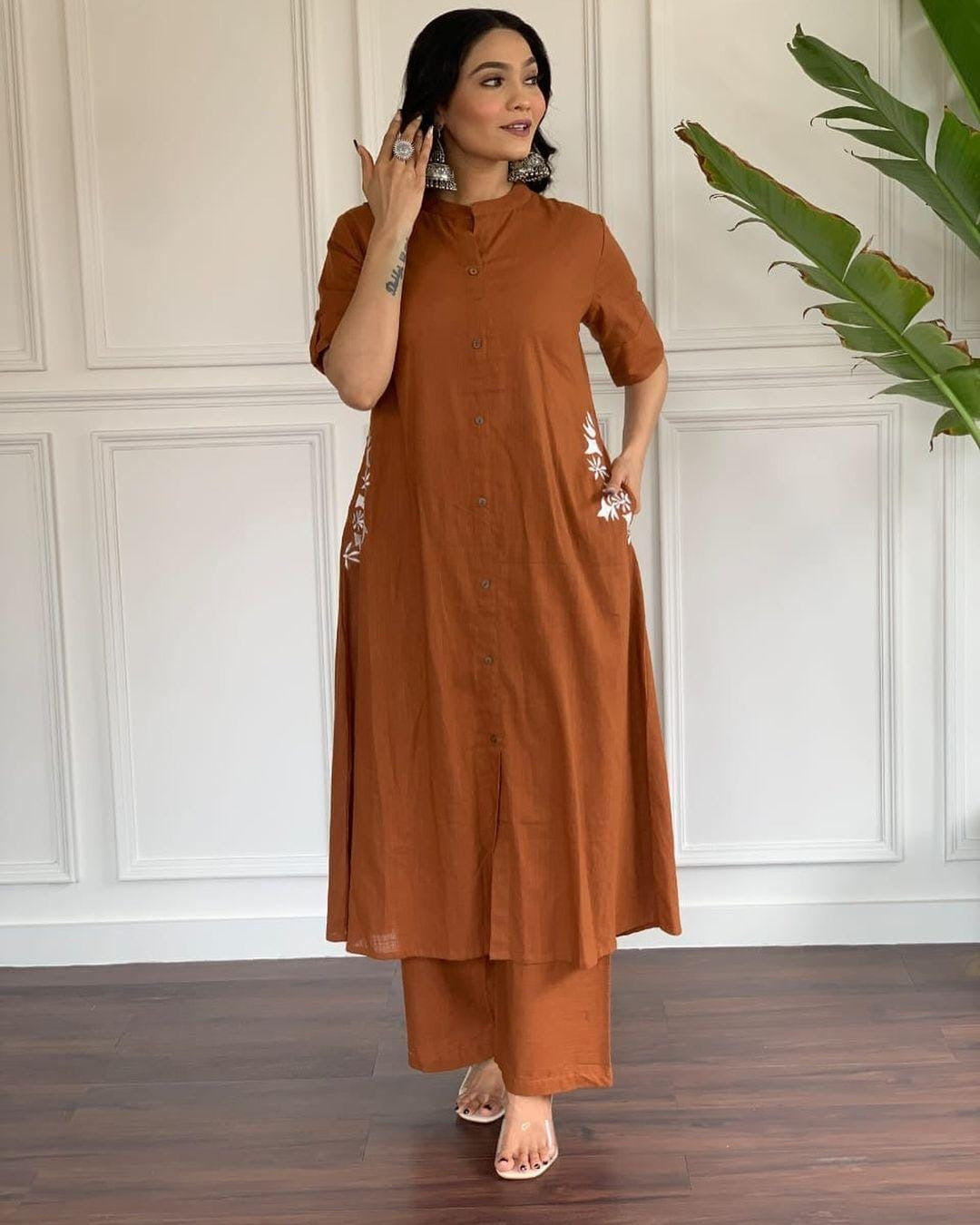 Rust Brown Embroidered A-Line Kurta Pant Set for Women
