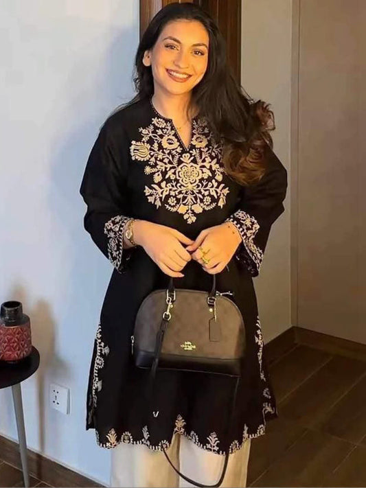 Embroidery Black Cotton Kurta Set with Palazzo Pants