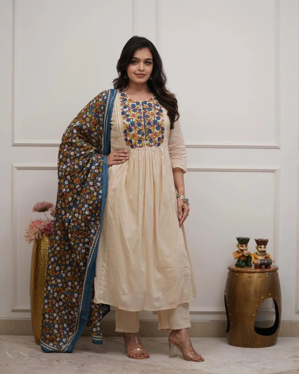 Cream Floral Printed Anarkali Kurta Set With Dupatta