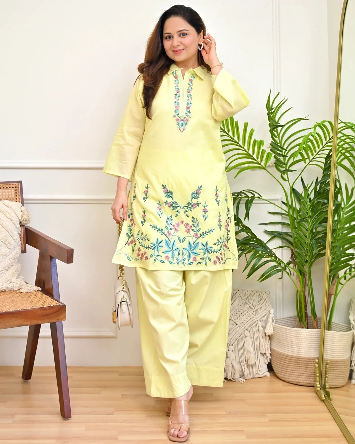 Yellow Floral Embroidered Kurta Pant Set For Women