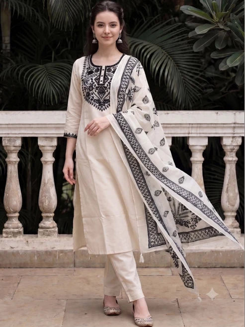 White Black Embroidered Kurta Pant Dupatta Set For Women
