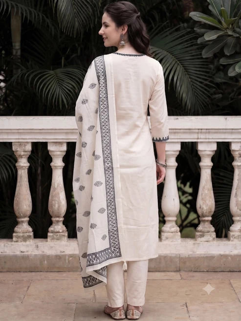 White Black Embroidered Kurta Pant Dupatta Set For Women