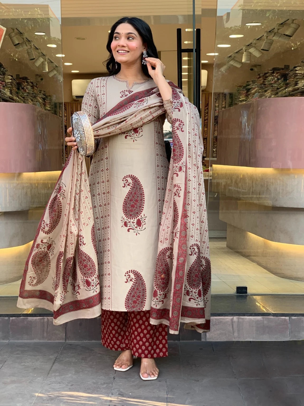 Maroon Paisley Printed Kurta Pant Dupatta Set For Women