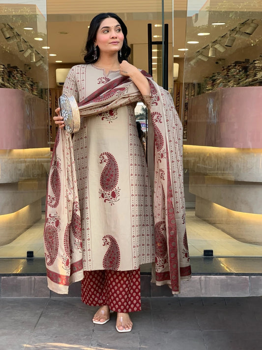 Maroon Paisley Printed Kurta Pant Dupatta Set For Women