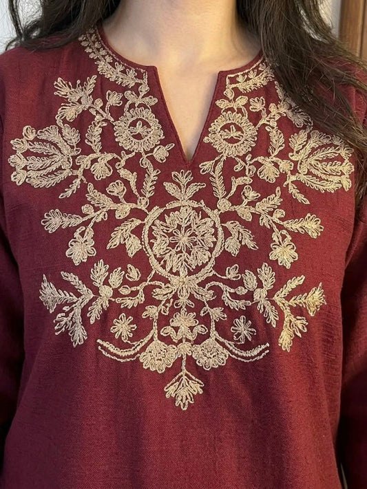 Embroidery Red Cotton Kurta Set with Palazzo Pants