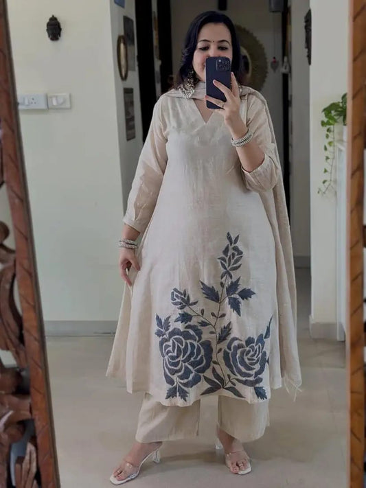 Ivory Bloom Hand-Painted Kurta Set with Dupatta