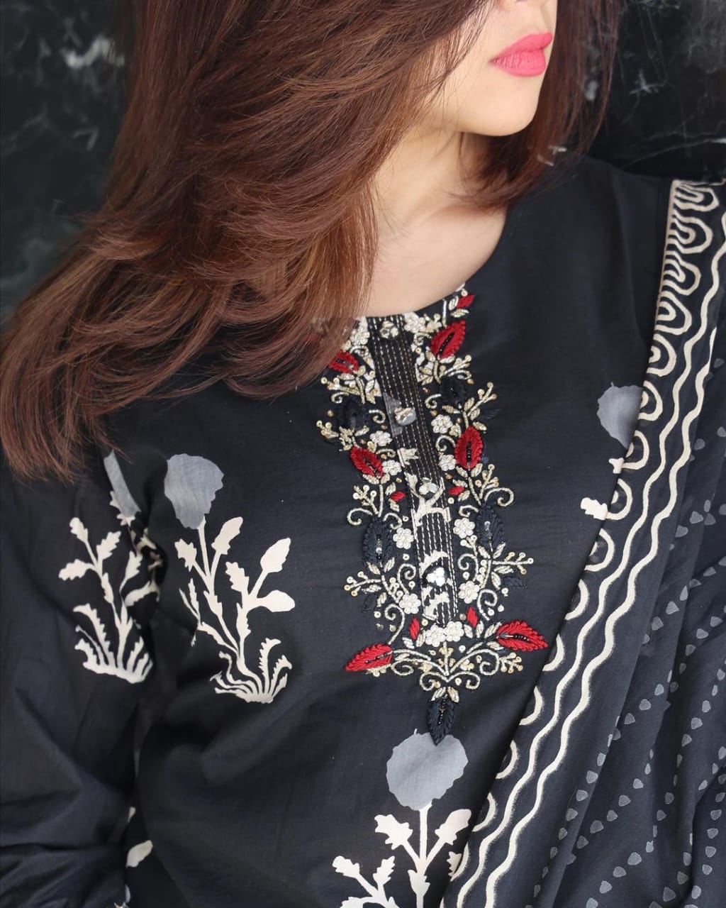 Midnight Black Floral Printed Kurta Set with Dupatta