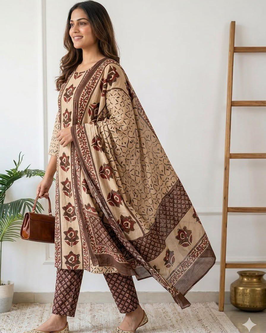 Earthy Beige Floral Block Print Kurta Pant Set with Dupatta