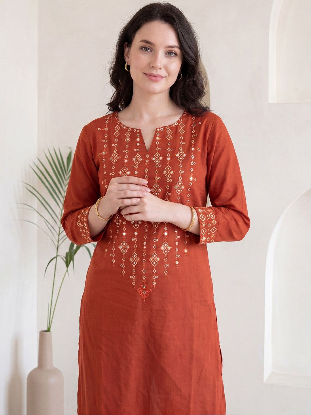 Orange Embroidered Straight Kurta Pant Set For Women
