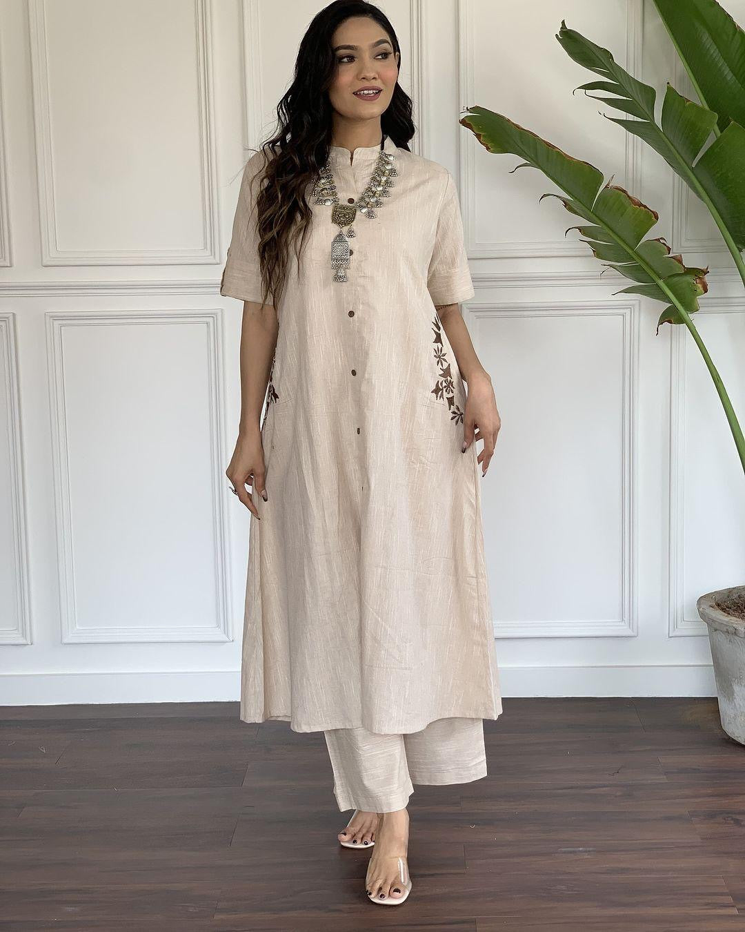 Beige Embroidered A-Line Kurta Pant Set for Women