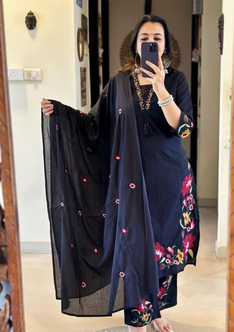 Premium Black Floral Kurti Pant Dupatta Set
