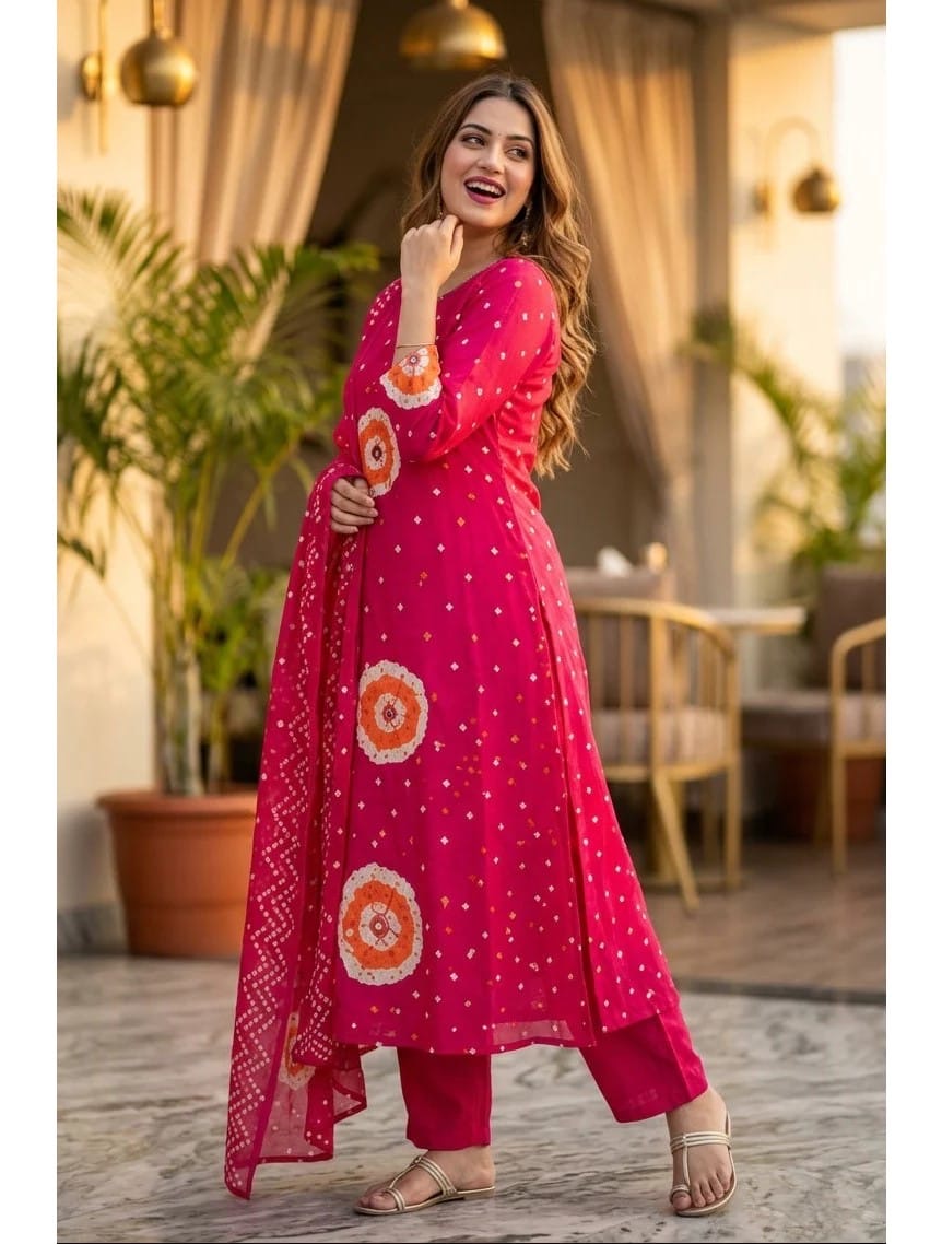 Rani Pink Bandhani Printed Anarkali Kurta Pant Set with Dupatta for Women