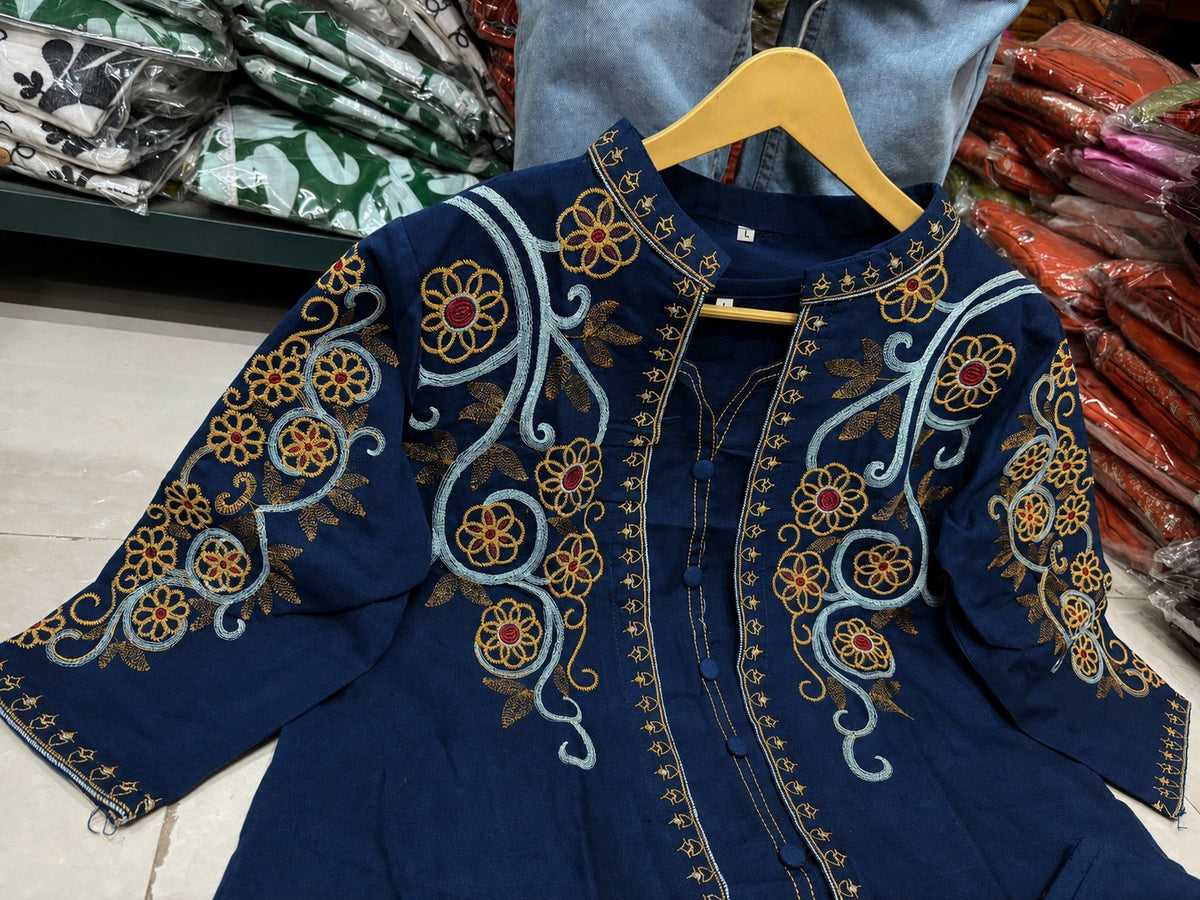 Navy Blue Embroidered 3-Piece Co-ord Set with Jacket for Women