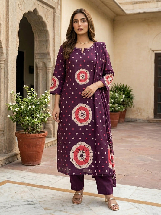 Wine Purple Bandhani Print Kurta Pant Set with Dupatta for Women