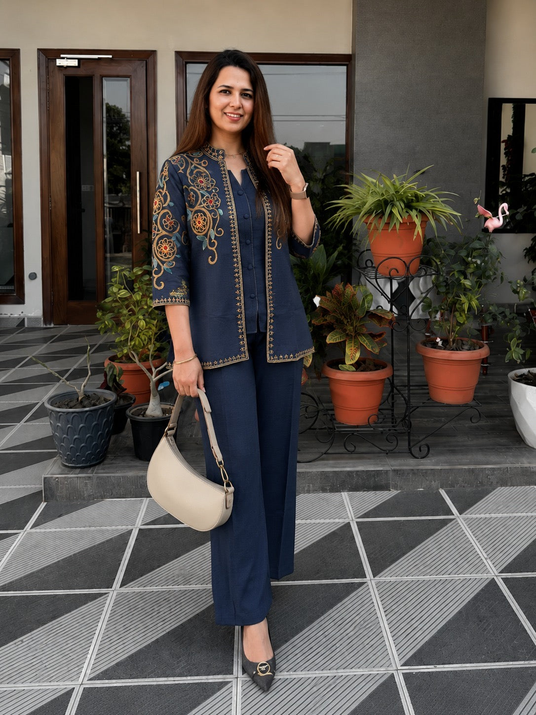 Navy Blue Embroidered 3-Piece Co-ord Set with Jacket for Women