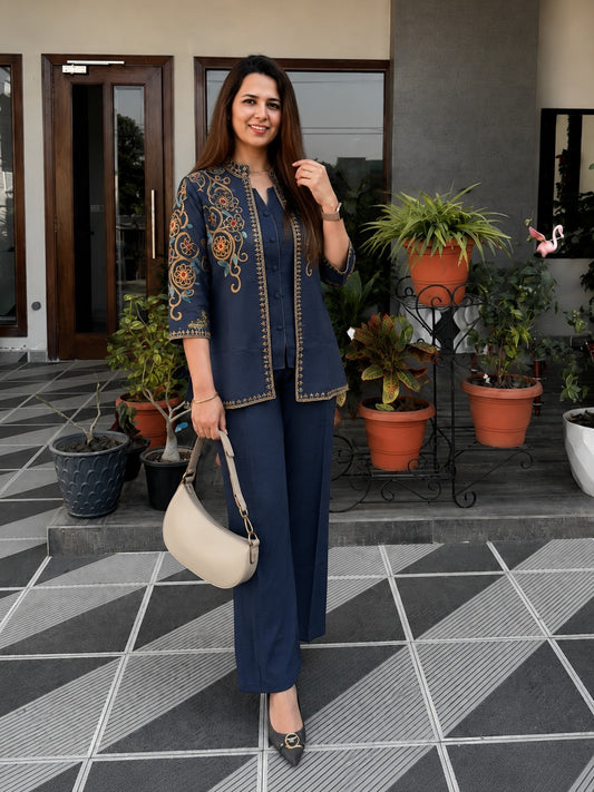 Navy Blue Embroidered 3-Piece Co-ord Set with Jacket for Women