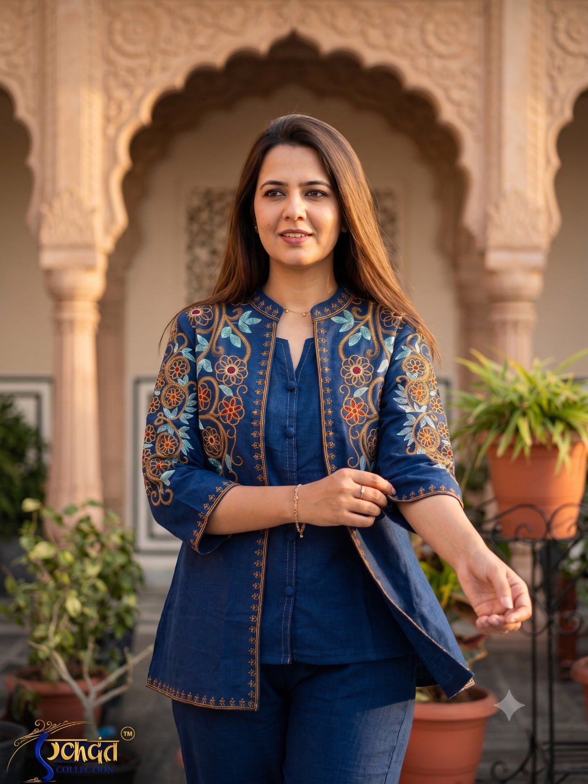 Navy Blue Embroidered 3-Piece Co-ord Set with Jacket for Women