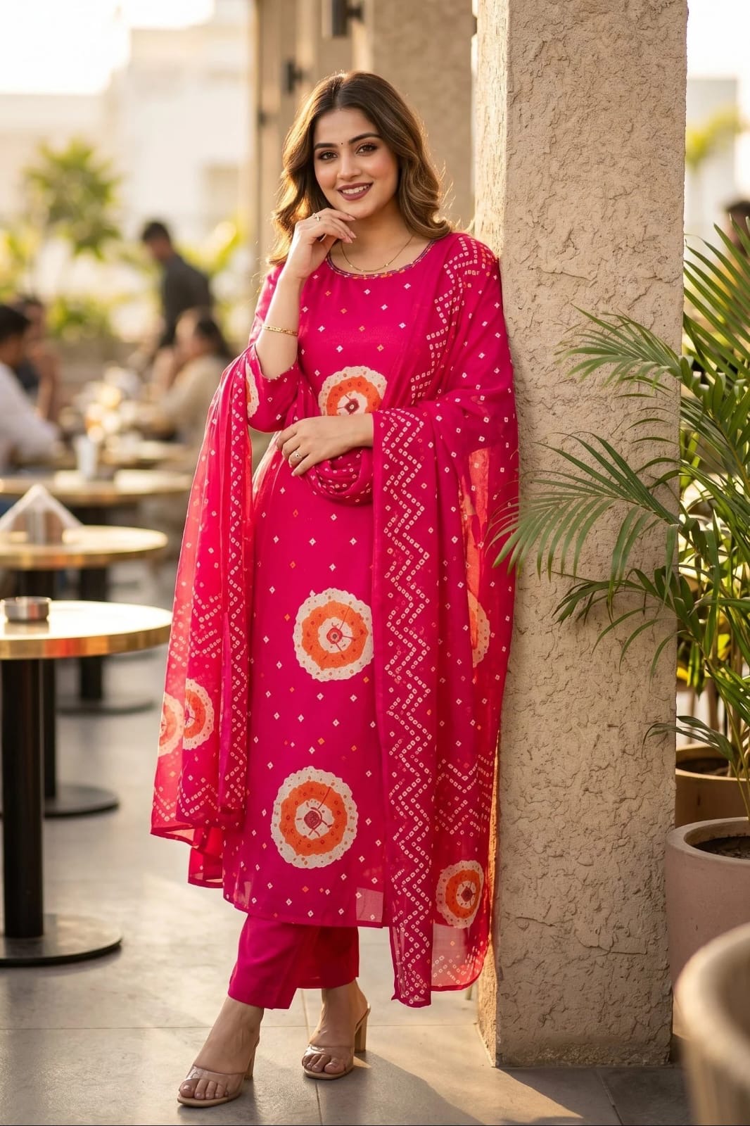 Rani Pink Bandhani Printed Anarkali Kurta Pant Set with Dupatta for Women