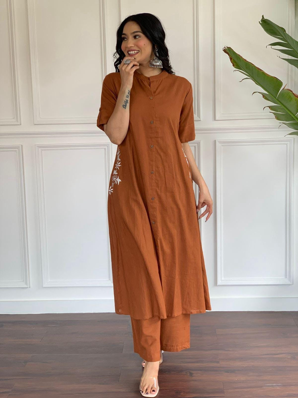 Rust Brown Embroidered A-Line Kurta Pant Set for Women