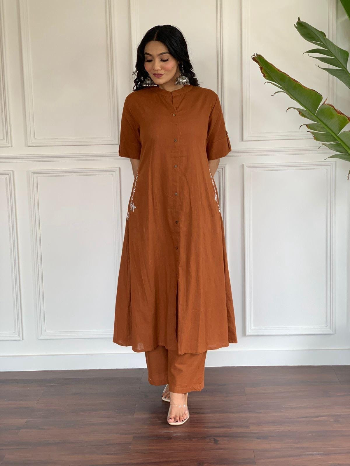 Rust Brown Embroidered A-Line Kurta Pant Set for Women