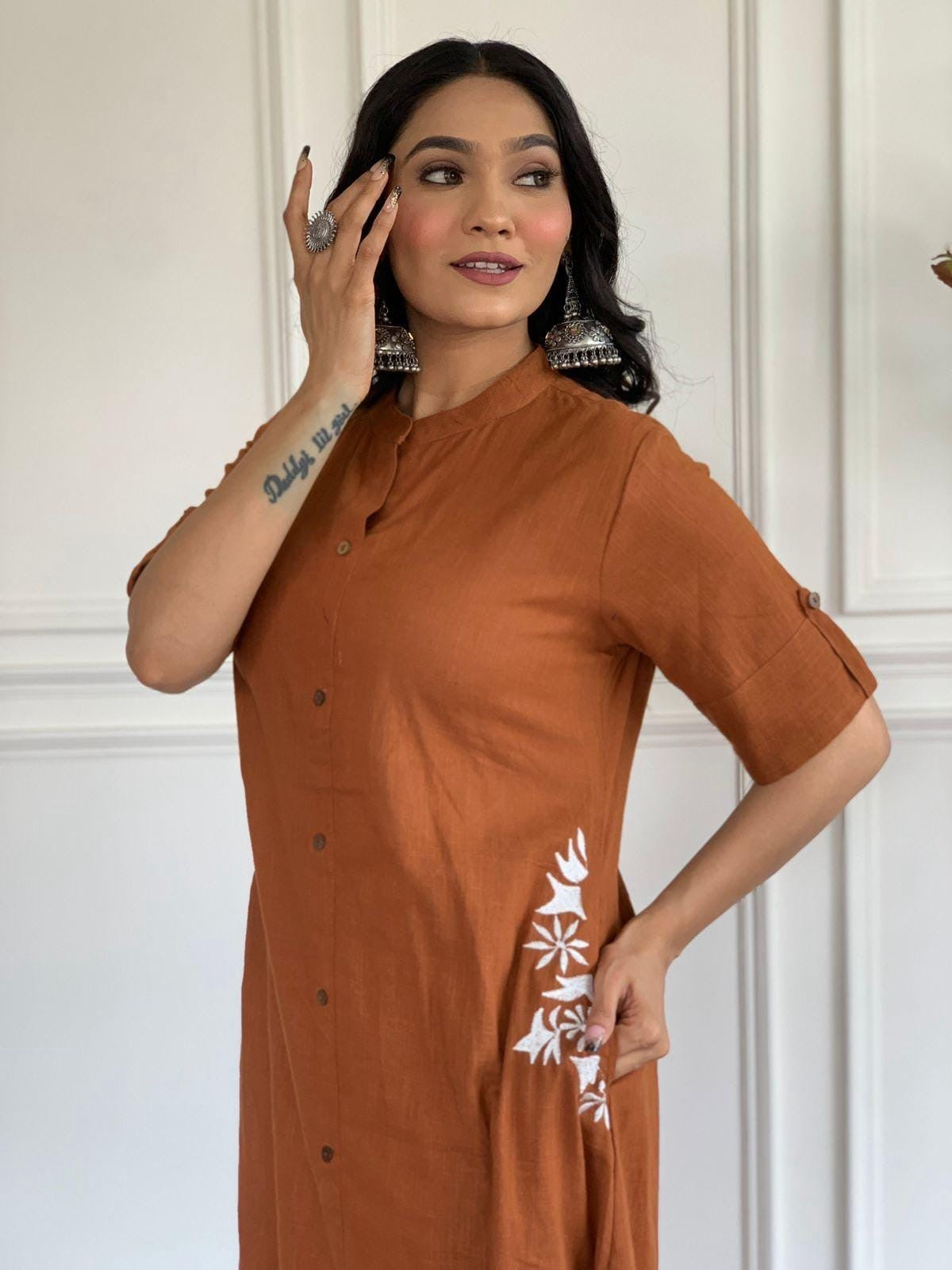 Rust Brown Embroidered A-Line Kurta Pant Set for Women