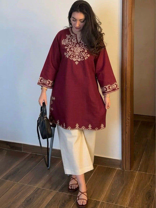 Embroidery Red Cotton Kurta Set with Palazzo Pants