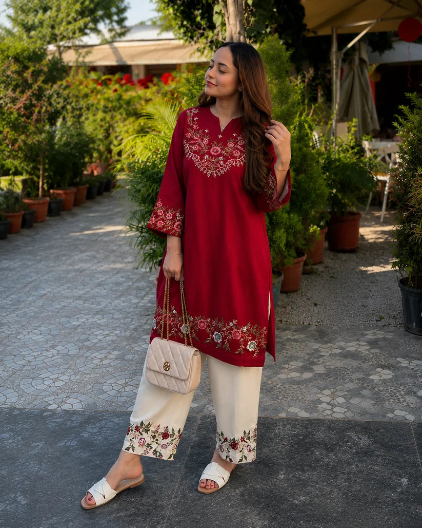 Red Embroidered Kurta Pant Set for Women