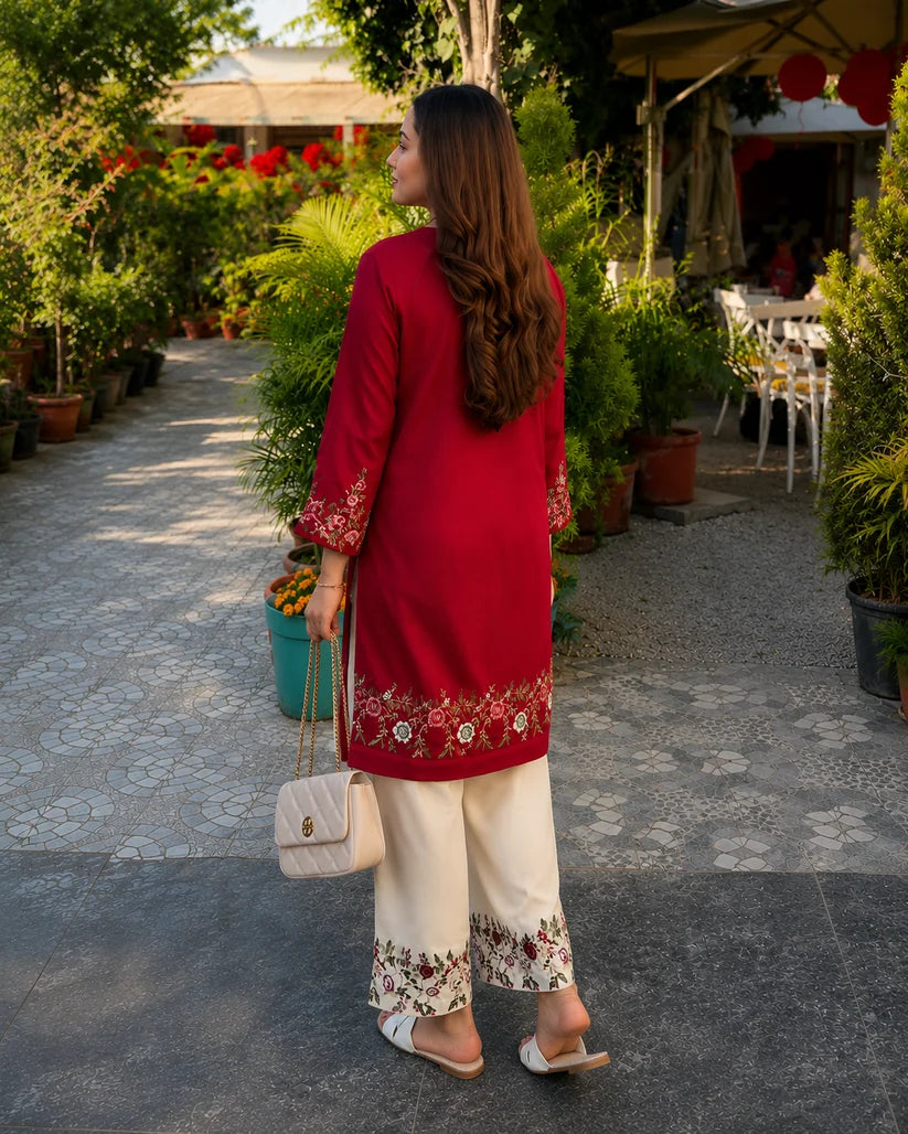 Red Embroidered Kurta Pant Set for Women