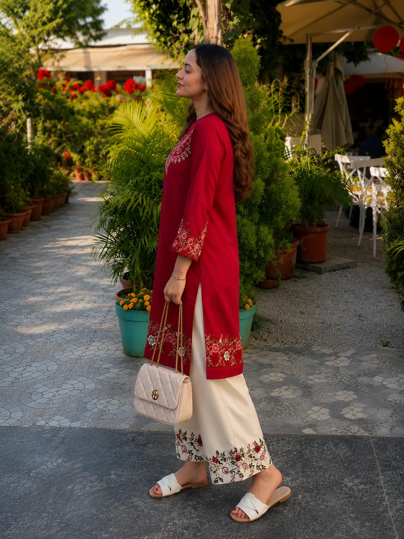 Red Embroidered Kurta Pant Set for Women