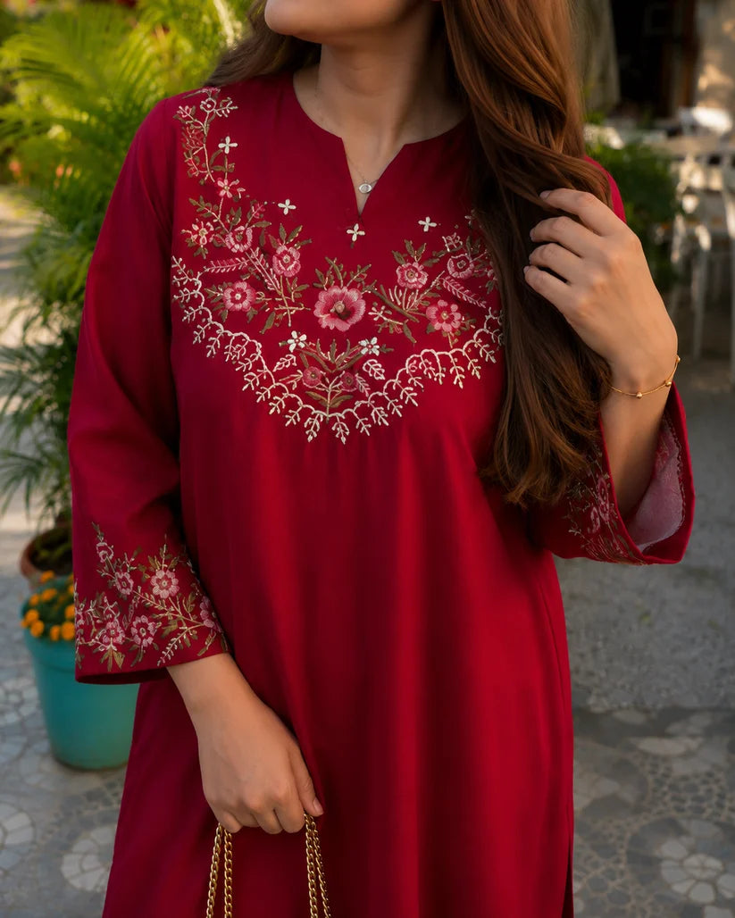 Red Embroidered Kurta Pant Set for Women