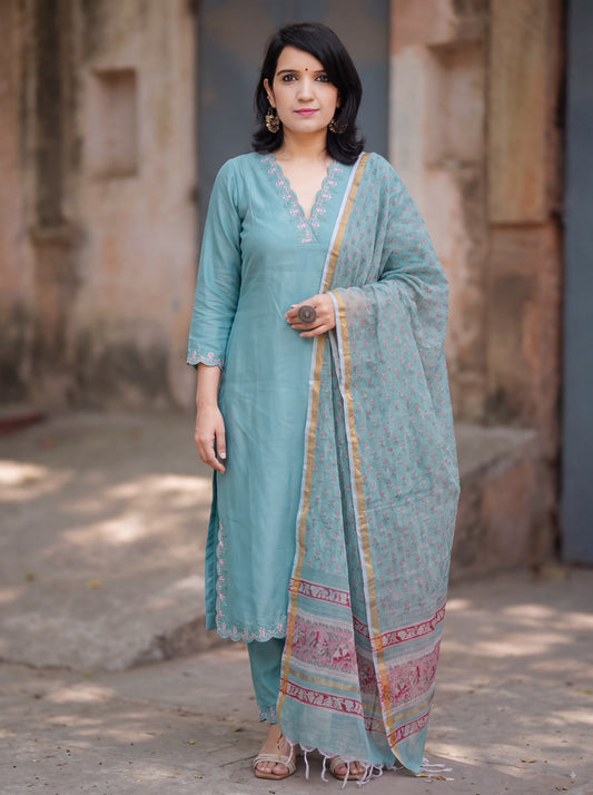 Elegant Sky Blue Designer Kurta Palazzo Dupatta Set