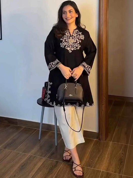 Embroidery Black Cotton Kurta Set with Palazzo Pants