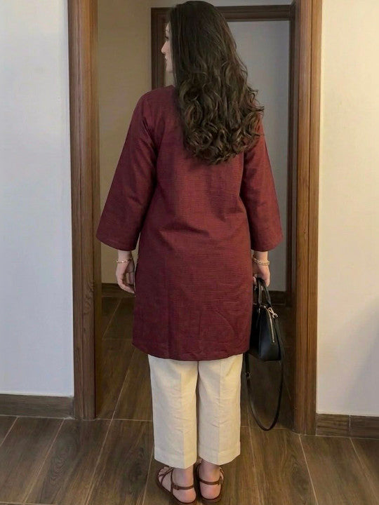 Embroidery Red Cotton Kurta Set with Palazzo Pants