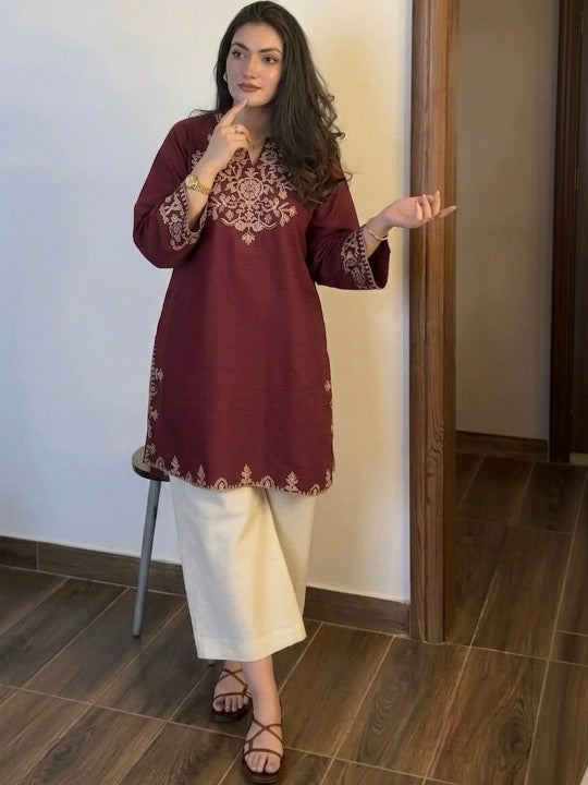 Embroidery Red Cotton Kurta Set with Palazzo Pants