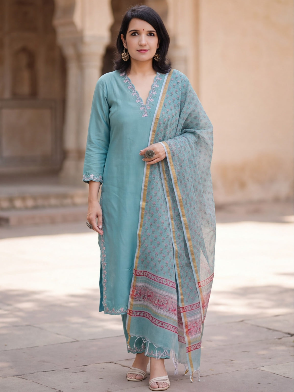 Elegant Sky Blue Designer Kurta Palazzo Dupatta Set