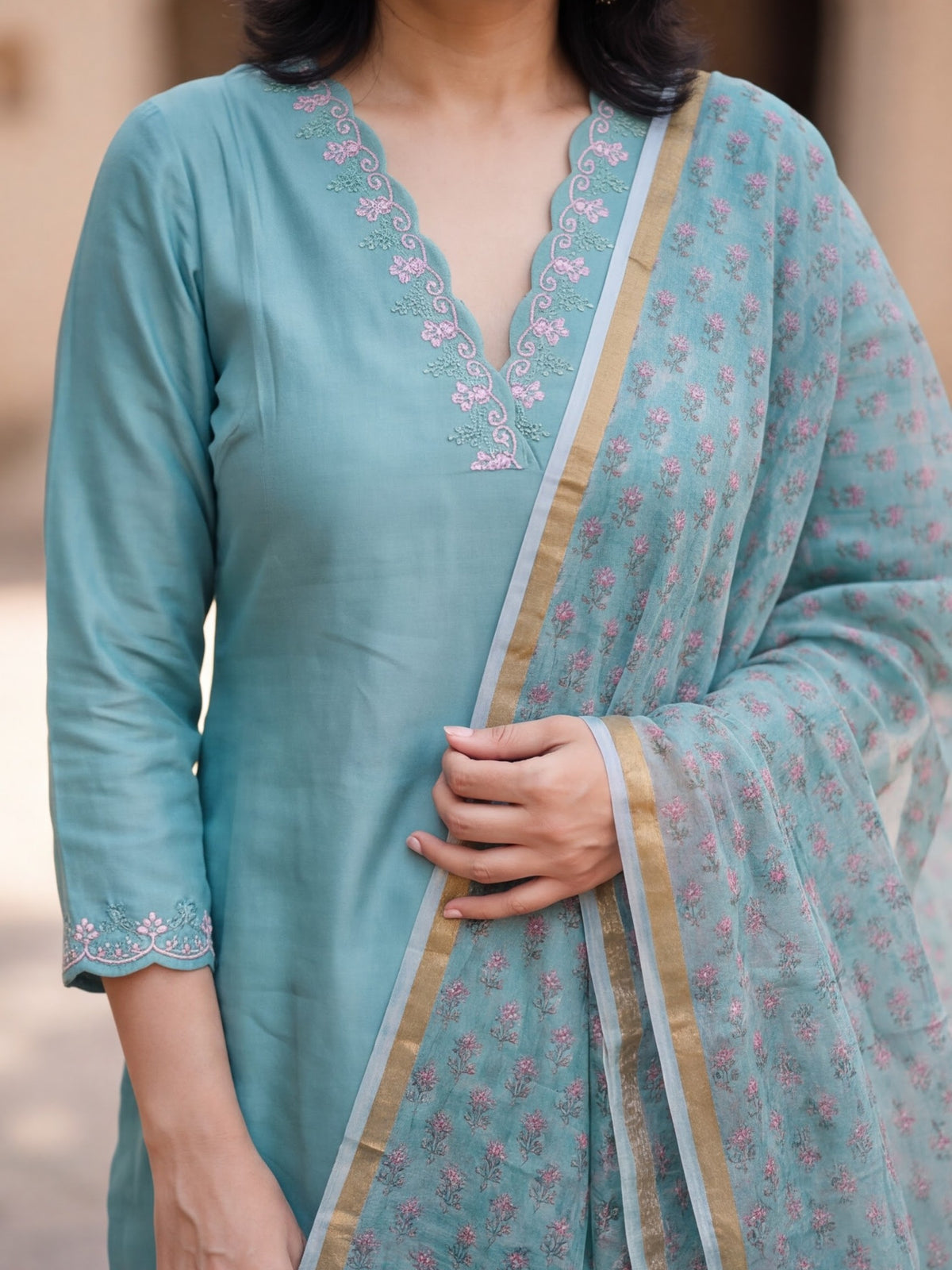 Elegant Sky Blue Designer Kurta Palazzo Dupatta Set