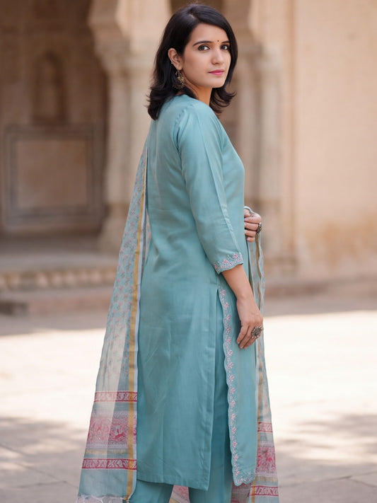 Elegant Sky Blue Designer Kurta Palazzo Dupatta Set