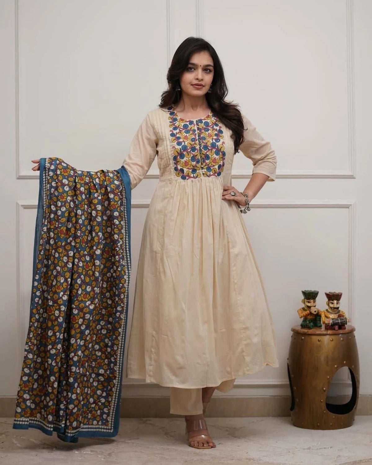 Cream Floral Printed Anarkali Kurta Set With Dupatta