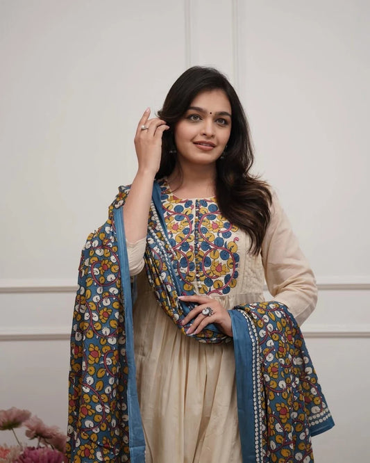 Cream Floral Printed Anarkali Kurta Set With Dupatta