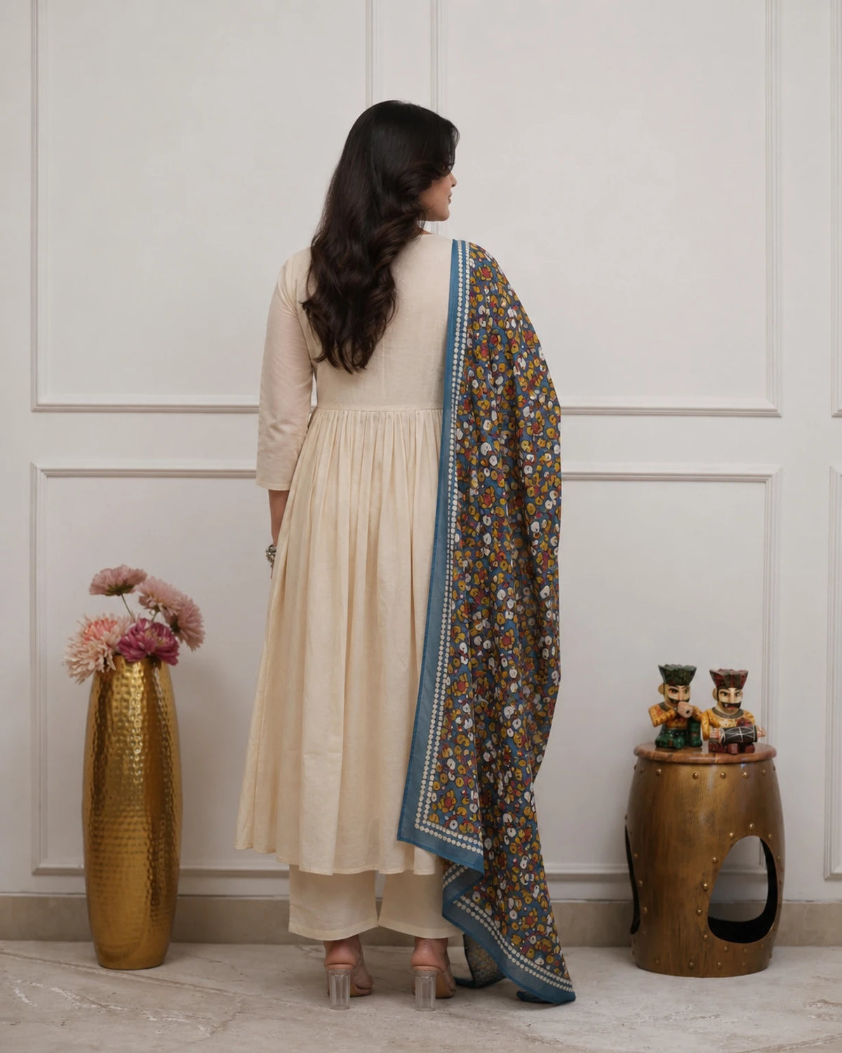 Cream Floral Printed Anarkali Kurta Set With Dupatta