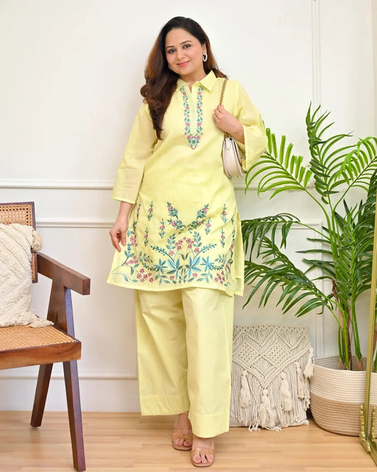 Yellow Floral Embroidered Kurta Pant Set For Women