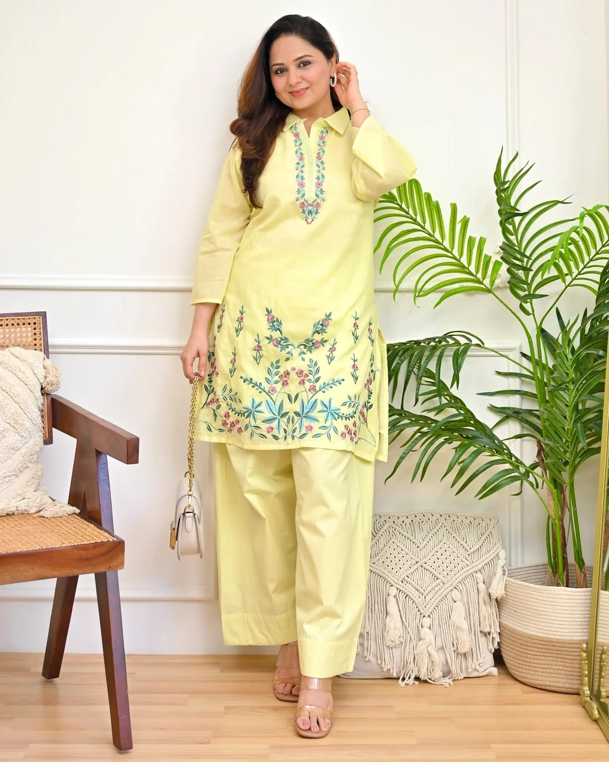 Yellow Floral Embroidered Kurta Pant Set For Women