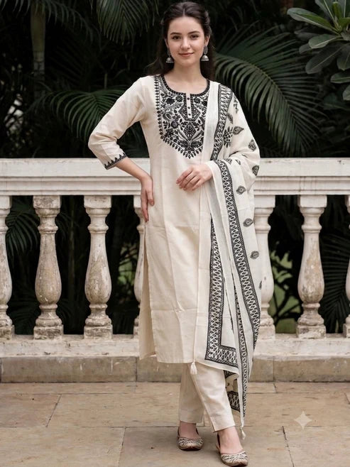 White Black Embroidered Kurta Pant Dupatta Set For Women