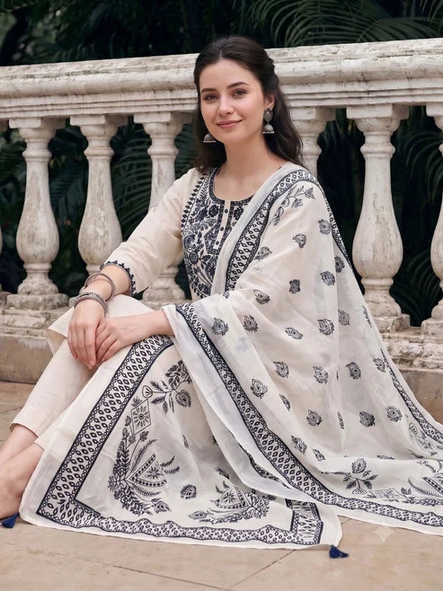 White Black Embroidered Kurta Pant Dupatta Set For Women
