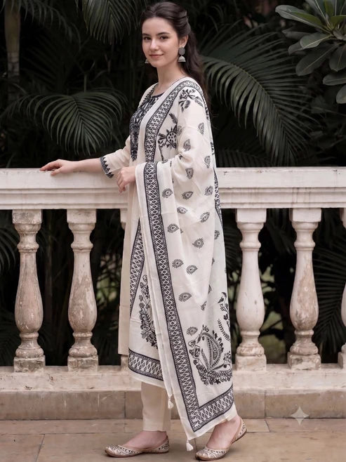 White Black Embroidered Kurta Pant Dupatta Set For Women