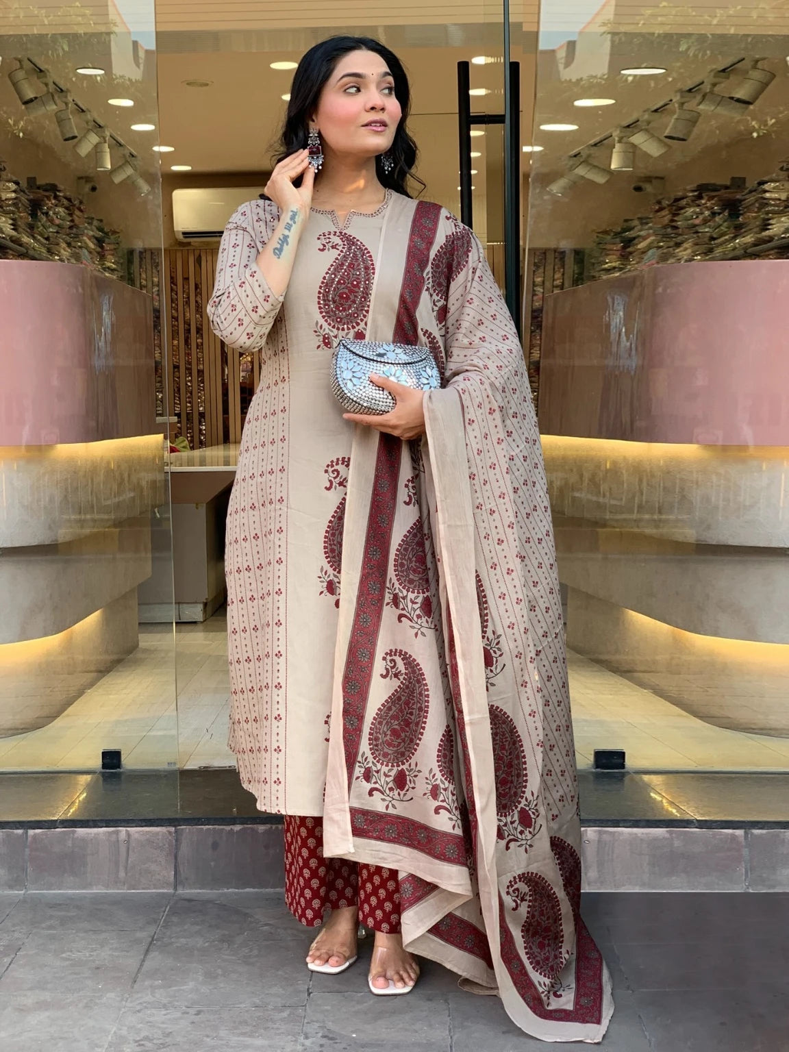 Maroon Paisley Printed Kurta Pant Dupatta Set For Women