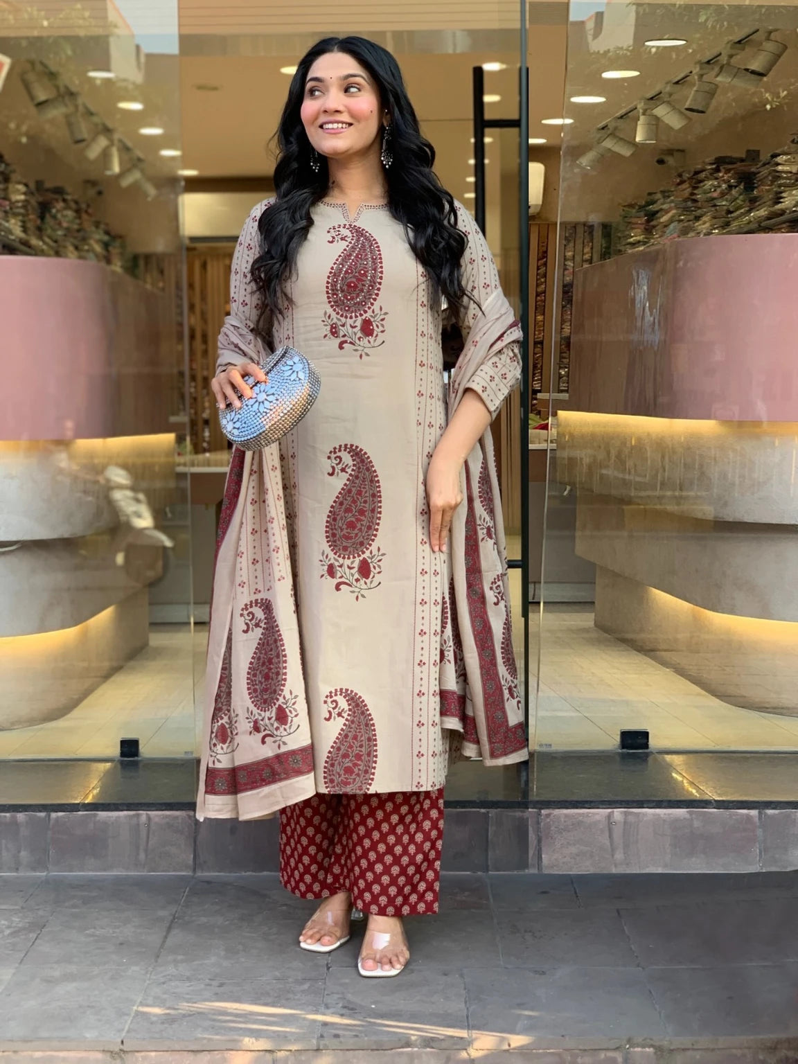 Maroon Paisley Printed Kurta Pant Dupatta Set For Women